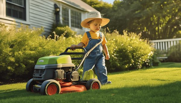 Petit jardinier, amuse-toi avec une tondeuse à gazon jouet
